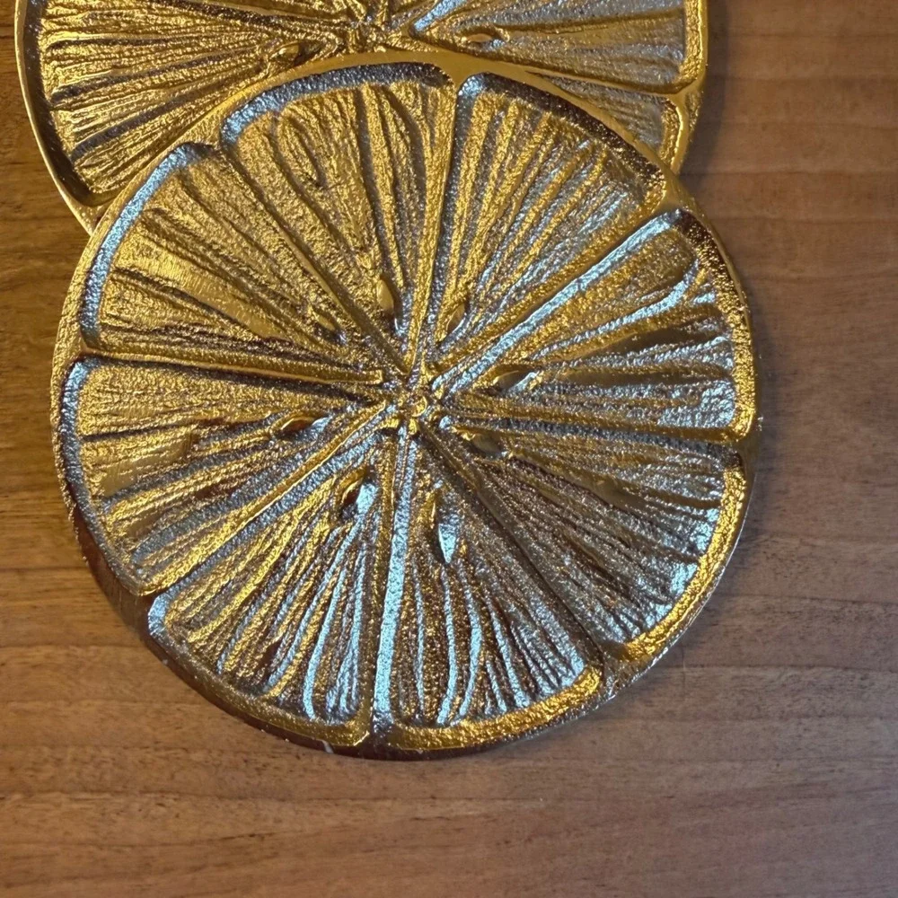 Set of 4 Gold Tone Orange Slice Metal Coasters Citrus Fruit Drink Coaster Set